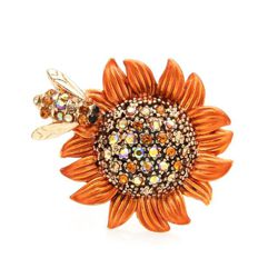Small Sunflower Pin - Orange with Crystals and Bee Small Sunflower Pin - Orange with Crystals and Bee
